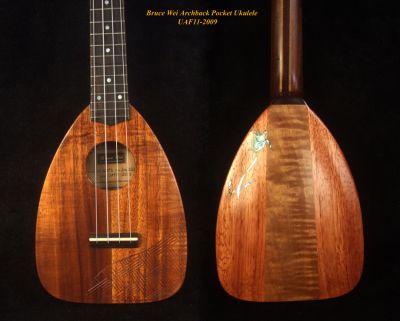 Bruce Wei Handmade Carved Archback Hawaiian Koa, Mahogany Sopranissimo/ Pocket Ukulele, Engraving Top, Soft-bag UAF11-2009
