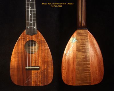 Bruce Wei Handmade Carved Archback Hawaiian Koa, Mahogany Sopranissimo/ Pocket Ukulele, Engraving Top, Soft-bag UAF11-2009 