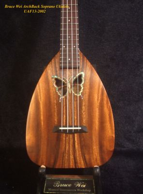Handmade Soprano Ukulele, Butterfly Soundhole Abalone inlay, Solid Acacia, Archback, Soft-bag, Bruce Wei UAF13-2002 