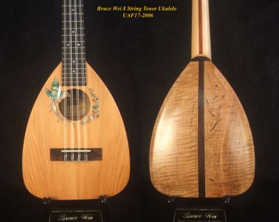 Handmade 8 StringTenor Ukulele, Solid Taiwania, Curly Maple Arch-Back, Bird Floral soundhole, Slotted Head, Soft-bag, Bruce Wei UAF17-2006 