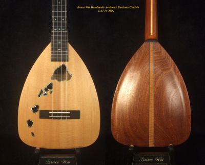 Bruce Wei Handmade Solid Spruce, Mahogany ArchBack Baritone Ukulele, The Islands Soundhole, Soft-bag UAF19-2002