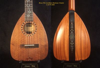 Handcrafted ArchBack Baritone Ukulele, Solid Curly Walnut, Mahogany, MOP Vine Inlay, Bruce Wei, Soft-bag UAF19-2003 