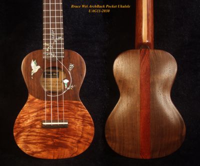 Bruce Wei Carved Archback Solid Curly Hawaiian Koa, Walnut Piccolo/ Pocket Ukulele, HummingBird Inlay UAG11-2030 