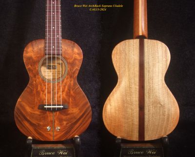 Handcrafted Soprano Ukulele, Curly Acacia, Curly Maple Archback , Abalone Inlay, Soft-bag, Bruce Wei UAG13-2024 