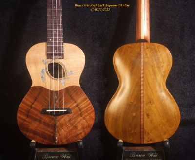 Handcrafted Soprano Ukulele, Spruce & Curly Hawaiian Koa, Acacia Archback, Turtle Soundhole, Bruce Wei UAG13-2025