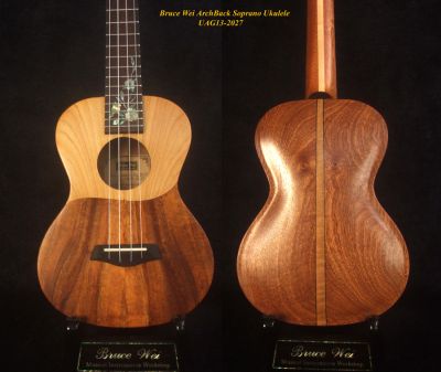 Handcrafted Soprano Ukulele Hawaiian Koa & Mahogany Archback, Floral inlay, Soundhole, Soft-bag, Bruce Wei UAG13-2027