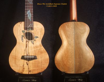Handcrafted Soprano Ukulele Spalted Maple & Mango Archback , Turtle inlay, Soundhole, Bruce Wei UAG13-2028