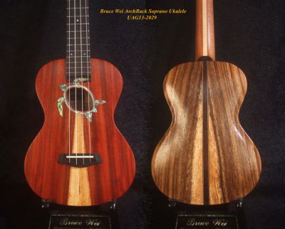 Handcrafted Soprano Ukulele Redwood & Acacia Archback, Turtle Soundhole, Abalone Inlay, Soft-bag, Bruce Wei UAG13-2029 