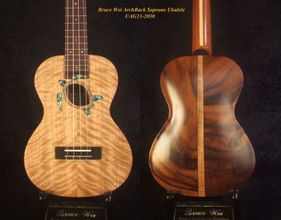Handcrafted ArchBack Soprano Ukulele Curly Maple, Acacia, Turtle Soundhole, Abalone Inlay, Soft-bag, Bruce Wei UAG13-2030