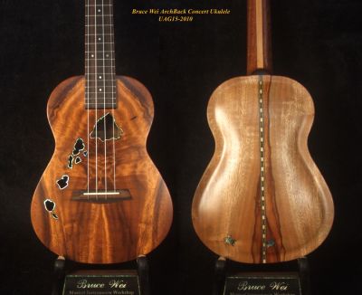 Bruce Wei Handmade Solid Carved ArchBack Acacia Concert Ukulele, The Islands Soundhole, Soft-bag UAG15-2010