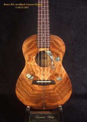 Handmade Concert Ukulele, Curly Acacia, Carved ArchBack, Koi Fish & Lotus Inlay, Soft-bag, Bruce Wei UAG15-2011 