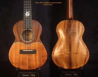 Handmade Solid Carved ArchBack Hawaiian Koa, Acacia Concert Ukulele, Hibiscus Inlay, Bruce Wei UAG15-2012 