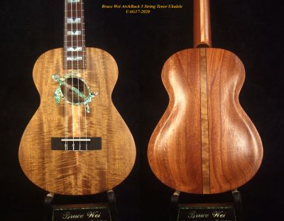 5 String Curly Mango Arch-Back Tenor Ukulele, Turtle Soundhole, MOP Inlay, Soft-bag UAG17-2020