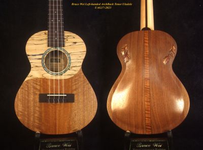 Handmade Left-Handed Solid Walnut, Spalted Maple Arch-Back Tenor Ukulele, Abalone Inlay UAG17-2023