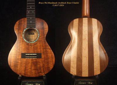Solid Curly Hawaiian Koa, Maple & Walnut Arch-Back Tenor Ukulele, Abalone Inlay UAG17-2024-1