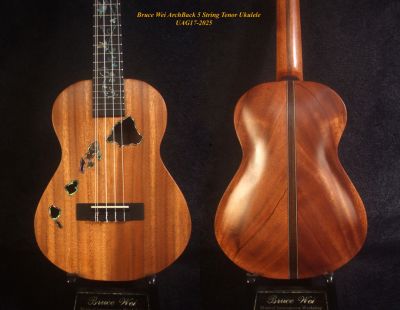 Handcrafted 5 String Tenor Ukulele, Solid Acacia, Carved Archback, The Islands Soundhole, Vine Inlay, Soft-bag, Bruce Wei UAG17-2025 