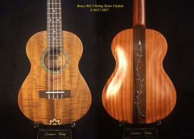 Handcrafted 5 String Tenor Ukulele, Solid Curly Acacia, Carved Archback, MOP Vine Inlay, Soft-bag, Bruce Wei UAG17-2027 
