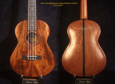 Bruce Wei Handmade Curly Hawaiian Koa,  Mahogany 8 String ArchBack Baritone Ukulele, Soft-bag UAG19-2017