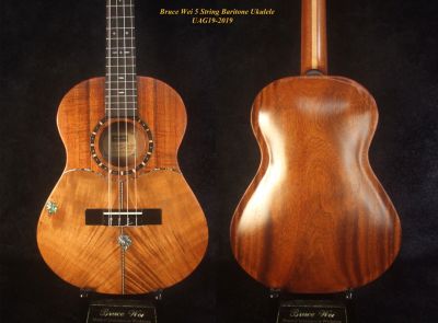 Handmade 5 String Baritone Ukulele, Solid Curly Hawaiian Koa, ArchBack Mahogany, Bruce Wei UAG19-2019 