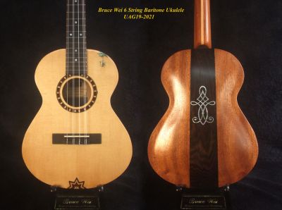 Handmade 6 String Baritone Ukulele Solid Spruce, Mahogany ArchBack, Slotted Head, Celtic Inlay, Soft-bag, Bruce Wei UAG19-2021 