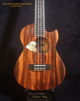 Handmade Cutaway Tenor Ukulele, Solid Acacia, Archback, Dog Inlay, Soft-bag, Bruce Wei UAJ17-2013 