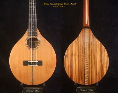 Bruce Wei Spruce, Zebra wood Tenor Ukulele, MOP Vine Inlay, Soft-bag UAM17-2011