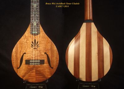 Handmade ArchBack Tenor Ukulele, Solid Curly Sapele, Maple, Mahogany, Abalone MOP Inlay, Soft-bag, Bruce Wei UAM17-2014 