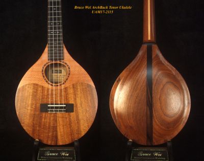 Bruce Wei Handmade Hawaiian Koa, Lacewood, Mahogany, ArchBack Tenor Ukulele, MOP Inlay, Soft-bag UAM17-2115