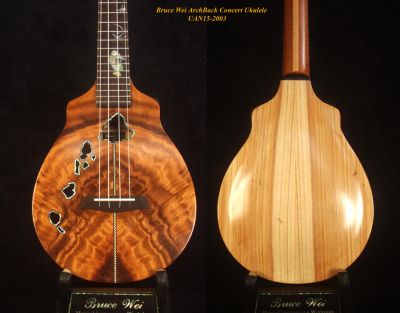 Bruce Wei Solid Carved ArchBack Curly Acacia, Taiwania Concert Ukulele MOP Fish Inlay UAN15-2003