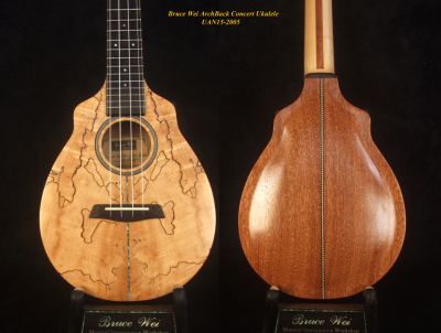 Bruce Wei Handmade Solid Carved ArchBack Curly Spalted Maple, Mahogany Concert Ukulele, Soft-bag UAN15-2005