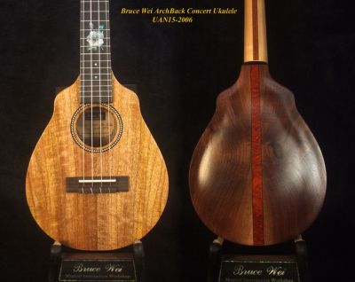 Bruce Wei Solid Carved ArchBack Mango, Walnut Concert Ukulele, Floral Inlay, Soft-bag UAN15-2006