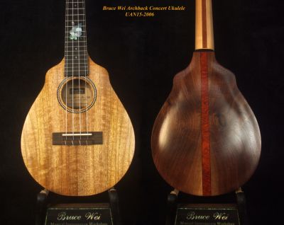 Bruce Wei Handmade Solid Carved ArchBack Mango, Walnut Concert Ukulele, Floral Inlay, Soft-bag UAN15-2006