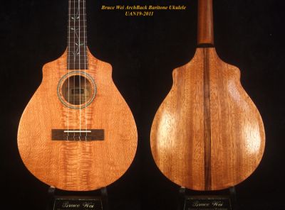 Carved ArchBack Solid Lacewood, Mahogany Baritone Ukulele, Vine Inlay, Soft-bag UAN19-2011