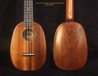 Handmade Pineapple Sopranissimo/ Pocket Ukulele, Carved Archback Solid Hawaiian Koa, Walnut, Bruce Wei UAW11-2007