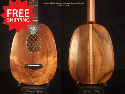 Handmade Soprano Ukulele, Solid Hawaiian Koa, Acacia Archback Pineapple, Bruce Wei UAW13-2006 