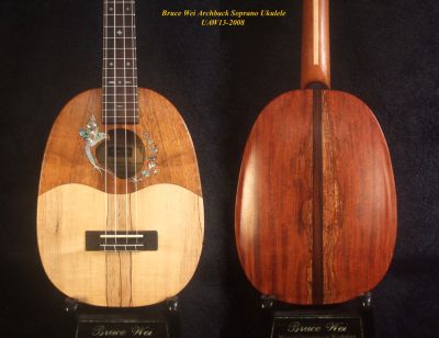 Handmade Soprano Ukulele, Hawaiian Koa, Redwood, Archback Pineapple, Bird Floral Inlay, Soft-bag, Bruce Wei UAW13-2008