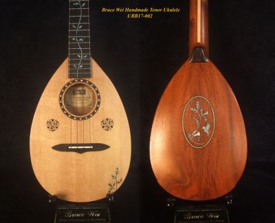 Handmade Thin Body Bowl Back Style Tenor Ukulele, Spruce, Mahogany, HummingBird, Vine Inlay, Soft-bag, Bruce Wei UBB17-002