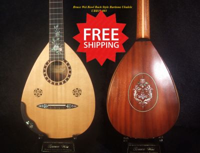 Handmade Baritone Ukulele, Curved Head, Solid Spruce, Mahogany, Archback, Classic Pattern Inlay, Bruce Wei UBB19-003