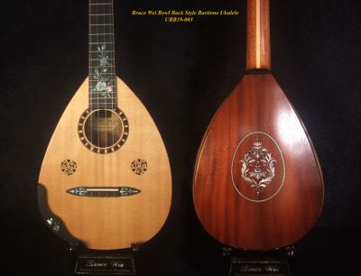 Handmade Baritone Ukulele, Curved Head, Solid Spruce, Mahogany, Archback, Classic Pattern Inlay, Soft-bag Bruce Wei UBB19-003