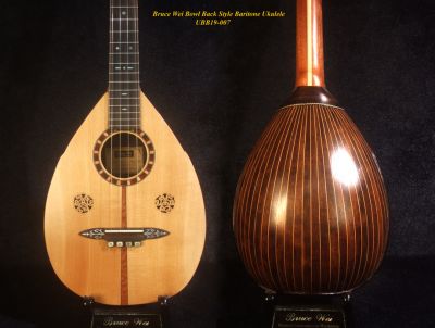 Handmade Bowl Back Style Baritone Ukulele, Curved Head, Solid Spruce, Classic Pattern MOP Inlay, Soft-bag Bruce Wei UBB19-007