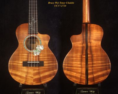 Bruce Wei Handmade Solid Curly Hawaiian Koa Cutaway Tenor Ukulele, Hibiscus Soundhole, UC17-2724 