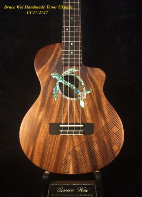 Handmade Solid Acacia Cutaway Tenor Ukulele, Turtle Soundhole, Engraved Top, Soft-bag UC17-2727 