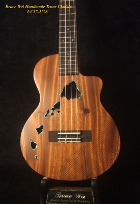 Bruce Wei Handmade Solid Acacia Cutaway Tenor Ukulele, The Islands Soundhole, Engraved Top, Soft-bag UC17-2728 