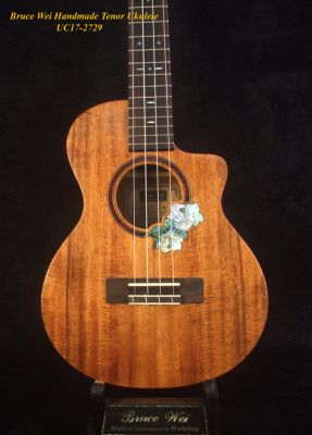 Bruce Wei Handmade Solid Hawaiian Koa Cutaway Tenor Ukulele, Hibiscus Soundhole, Soft-bag UC17-2729