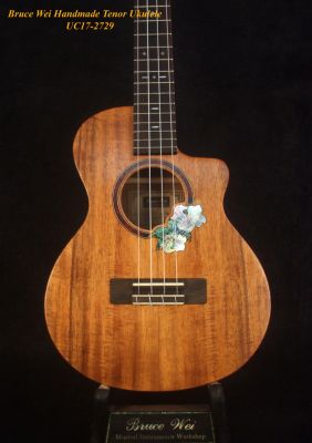 Bruce Wei Handmade Solid Hawaiian Koa Cutaway Tenor Ukulele, Hibiscus Soundhole, Soft-bag UC17-2729