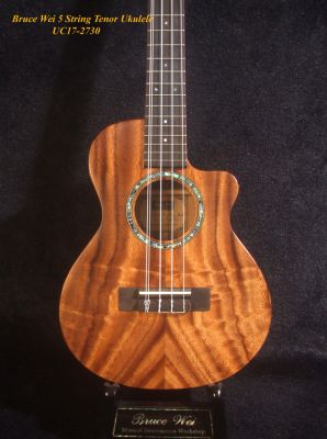 5 String Tenor Ukulele, Handmade Solid Acacia, Cutaway, Soft-bag, Bruce Wei UC17-2730