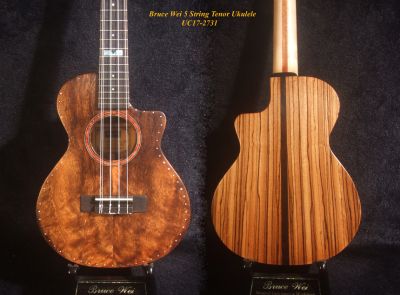 5 String Tenor Ukulele, Handmade Solid Acacia, Zebra wood, Cutaway, Soft-bag, Bruce Wei UC17-2731