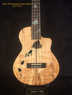 Handmade Tenor Ukulele, Solid Curly Spalted Maple, Zebra wood, The Islands Soundhole, Abalone MOP inlay, Soft-bag, Bruce Wei UC17-2732