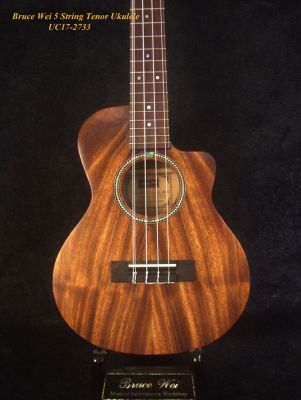 Handmade 5 String Tenor Ukulele, Solid Acacia, Longan wood, Cutaway, Soft-bag, Bruce Wei UC17-2733 