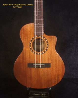 Handcrafted 5 String Baritone Ukulele, Hawaiian Koa, Cutaway, Soft-bag, Bruce Wei UC19-2005 